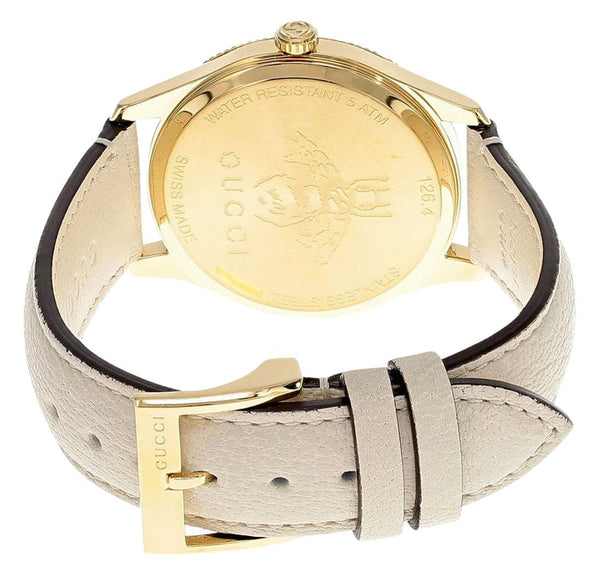 Gucci G-Timeless Yellow Gold PVD Gold Dial White Leather Strap Quartz