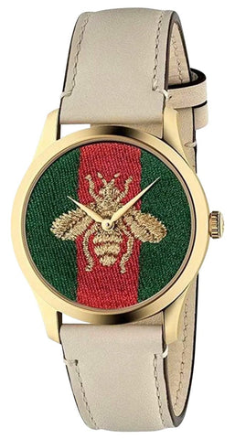 Gucci G - Timeless Yellow Gold PVD Green/Red Dial White Leather Strap Quartz Womens Watch YA1264128 - WAB - Shipping Dept.