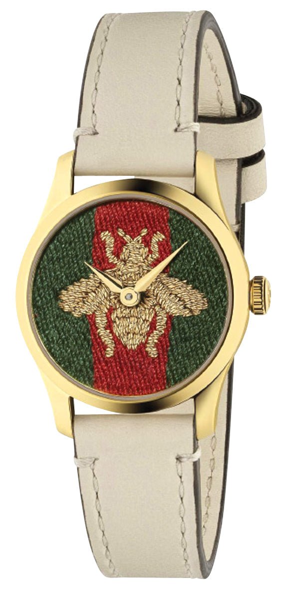 Gucci G - Timeless Yellow Gold PVD Green/Red Dial White Leather Strap Quartz Womens Watch YA1265009 - WAB - Shipping Dept.