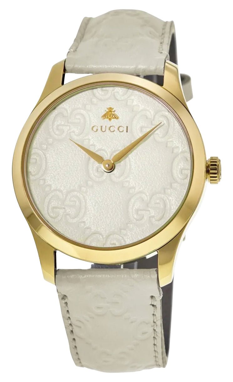 Gucci G - Timeless Yellow Gold PVD Ivory Dial Ivory Leather Strap Quartz Unisex Watch YA1264033A - Watches & Beyond