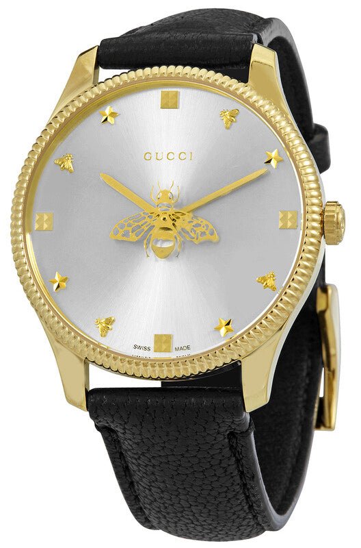 Gucci G-Timeless Yellow Gold PVD Silver Dial Black Leather Strap Quartz Womens Watch YA1264181 - Watches & Beyond