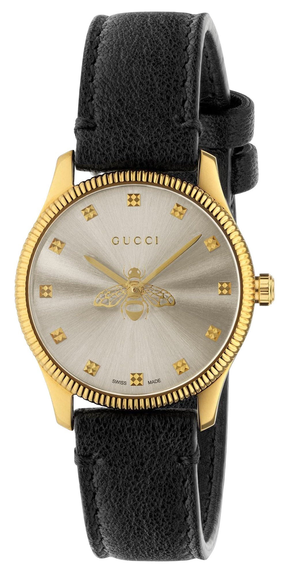 Gucci G-Timeless Yellow Gold PVD Silver Dial Black Leather Strap Quartz Womens Watch YA1265023 - Watches & Beyond