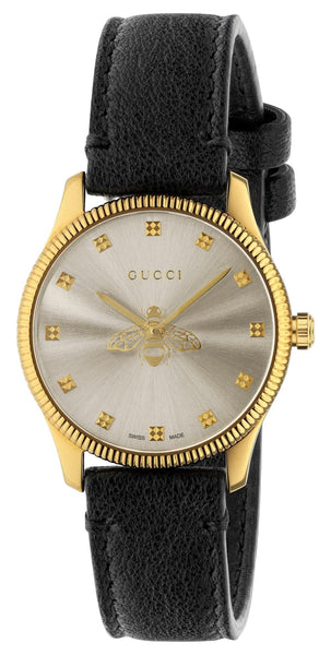 Gucci G-Timeless Yellow Gold PVD Silver Dial Black Leather Strap Quartz Womens Watch YA1265023 - Watches & Beyond