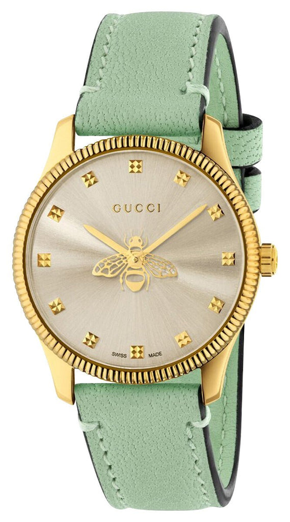 Gucci G-Timeless Yellow Gold PVD Silver Dial Green Leather Strap Quart