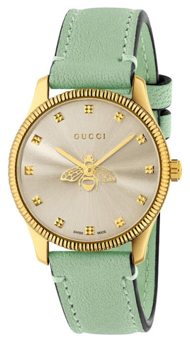 Gucci G - Timeless Yellow Gold PVD Silver Dial Green Leather Strap Quartz Womens Watch YA1265040 - WAB - Shipping Dept.