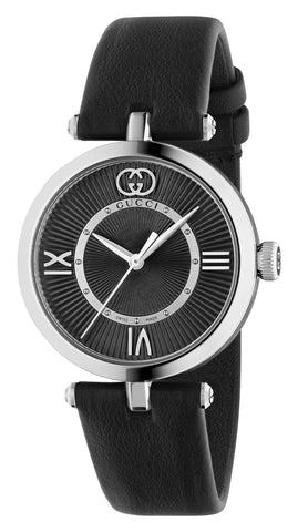 Gucci Model 2000 Stainless Steel Black Dial Black Leather Strap Quartz Womens Watch YA167505 - Watches & Beyond