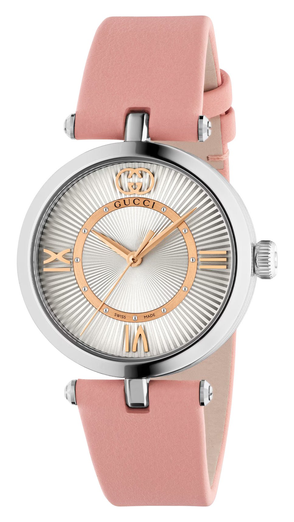 Gucci Model 2000 Stainless Steel Silver Dial Pink Leather Strap Quartz Womens Watch YA167506 - Watches & Beyond