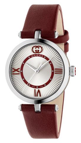 Gucci Model 2000 Stainless Steel Silver Dial Red Leather Strap Quartz Womens Watch YA167508 - Watches & Beyond