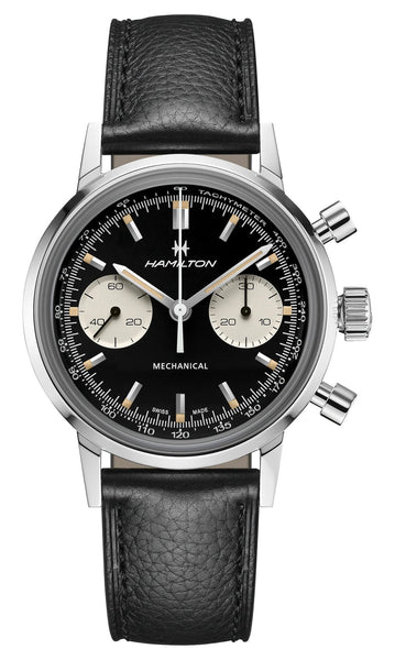 Hamilton American Classic Intra - Matic Manual Wind Chronograph H Black Dial Black Leather Strap Mens Watch H38429730 - Watches & Beyond