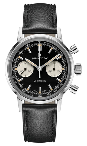 Hamilton American Classic Intra - Matic Manual Wind Chronograph H Black Dial Black Leather Strap Mens Watch H38429730 - Watches & Beyond