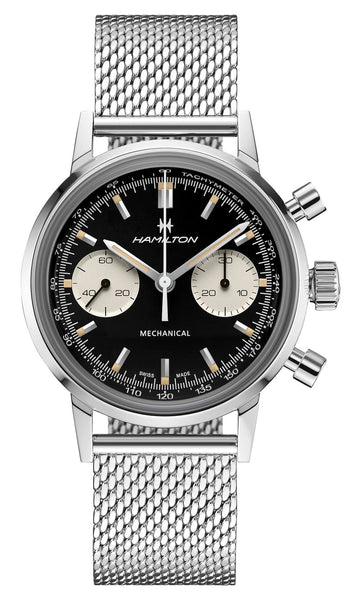 Hamilton American Classic Intra - Matic Manual Wind Chronograph H Stainless Steel Mesh Black Dial Mens Watch H38429130 - Watches & Beyond