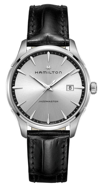 Hamilton Jazzmaster Stainless Steel Silver Dial Black Leather Strap Date Quartz Mens Watch H32451751 - Watches & Beyond