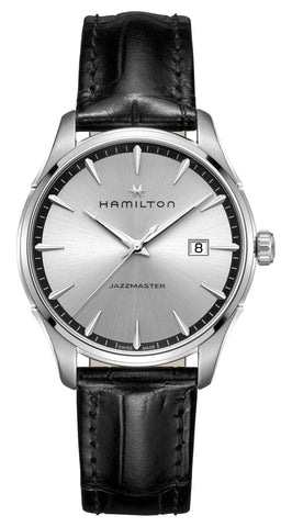 Hamilton Jazzmaster Stainless Steel Silver Dial Black Leather Strap Date Quartz Mens Watch H32451751 - Watches & Beyond