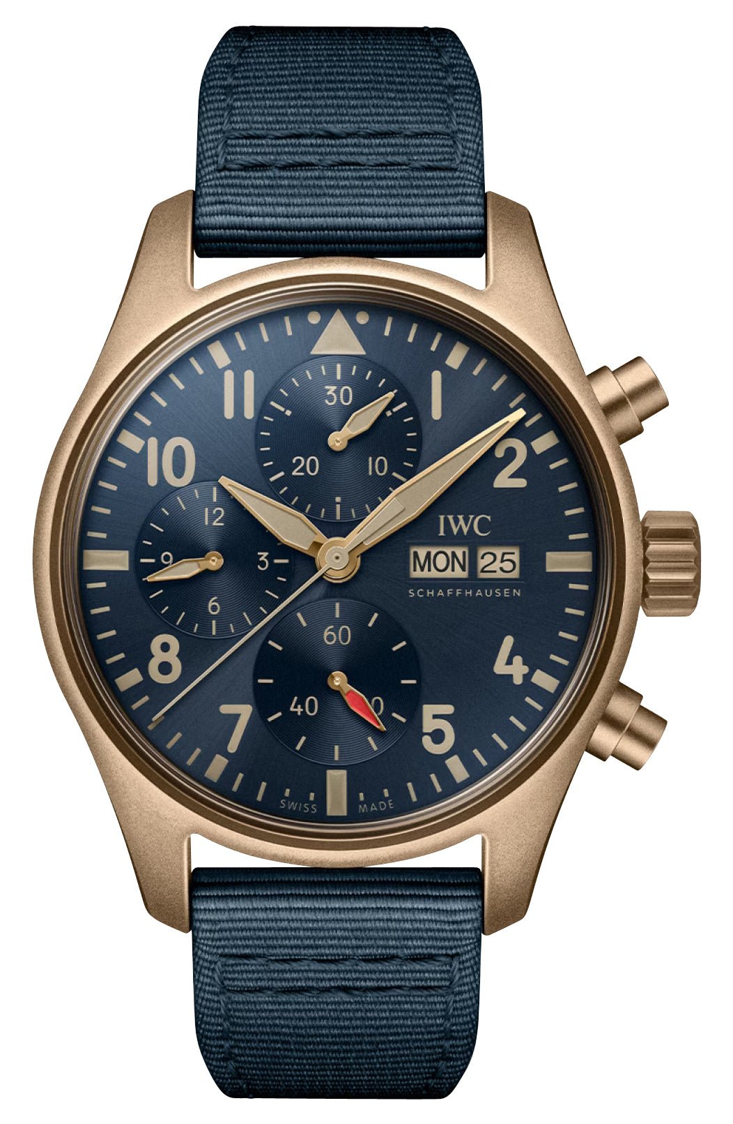 IWC Pilot's Automatic Chronograph Bronze Blue Dial Blue Textile Strap Day/Date Mens Watch IW388109 - WAB - Shipping Dept.