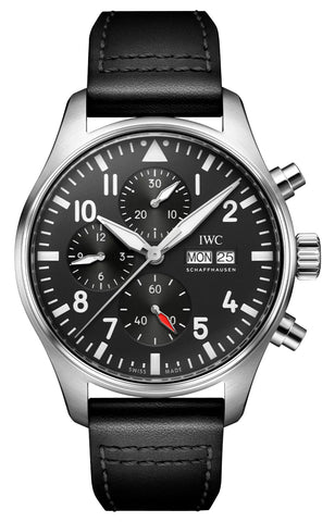 IWC Pilot's Automatic Chronograph Stainless Steel Black Dial Black Leather Strap Day/Date Mens Watch IW378001 - WAB - Shipping Dept.