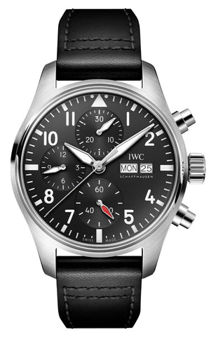 IWC Pilot's Automatic Chronograph Stainless Steel Black Dial Black Leather Strap Day/Date Mens Watch IW388111 - WAB - Shipping Dept.