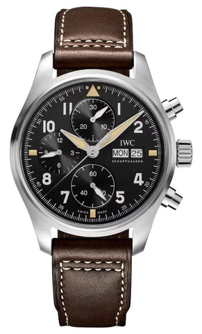 IWC Pilot's Spitfire Automatic Chronograph Stainless Steel Black Dial Brown Leather Strap Day/Date Mens Watch IW387903 - WAB - Shipping Dept.