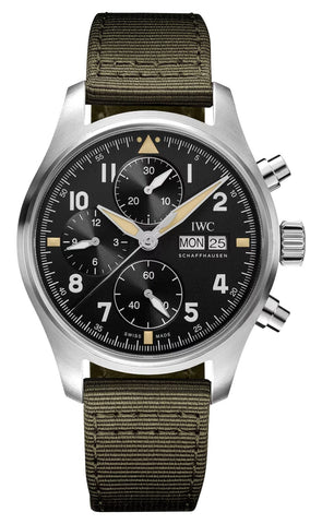 IWC Pilot's Spitfire Automatic Chronograph Stainless Steel Black Dial Green Textile Strap Day/Date Mens Watch IW387901 - WAB - Shipping Dept.