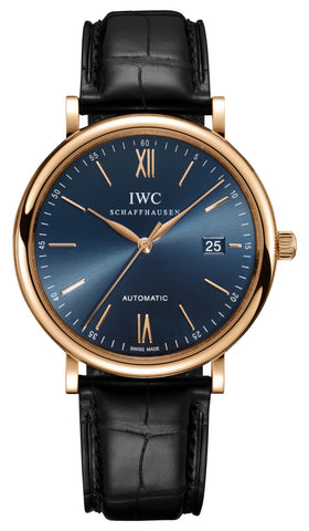 IWC Portofino Automatic 18K Rose Gold Blue Dial Black Leather Strap Date Mens Watch IW356522 - WAB - Shipping Dept.