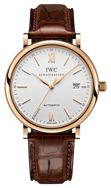 IWC Portofino Automatic 18K Rose Gold Silver Dial Brown Leather Strap Date Mens Watch IW356504 - WAB - Shipping Dept.