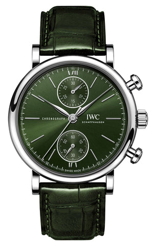 IWC Portofino Automatic Chronograph Stainless Steel Green Dial Green Leather Strap Mens Watch IW391405 - WAB - Shipping Dept.