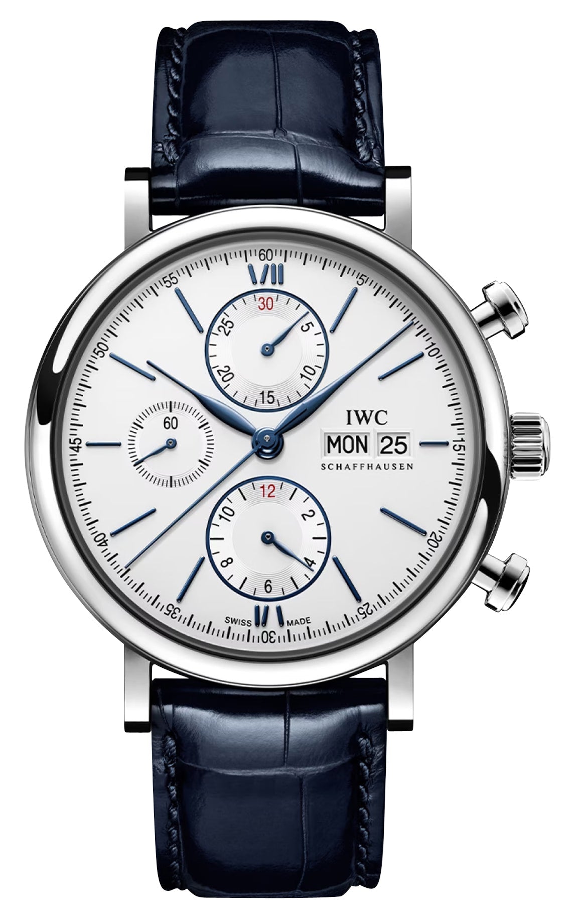 IWC Portofino Automatic Chronograph Stainless Steel Silver Dial Blue Leather Strap Day/Date Mens Watch IW391037 - WAB - Shipping Dept.