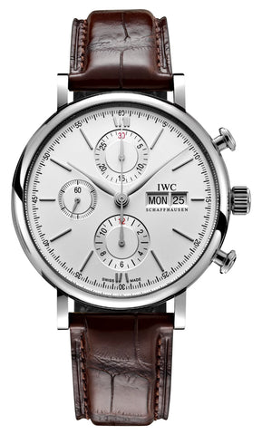 IWC Portofino Automatic Chronograph Stainless Steel Silver Dial Brown Leather Strap Day/Date Mens Watch IW391027 - WAB - Shipping Dept.