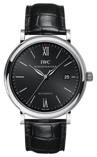 IWC Portofino Automatic Stainless Steel Black Dial Black Leather Strap Date Mens Watch IW356502 - WAB - Shipping Dept.