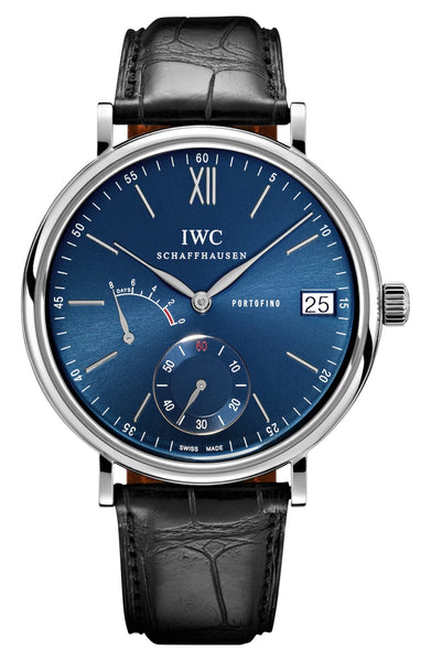 IWC Portofino Hand - Wound Eight Days Power Reserve Manual Wind Stainless Steel Blue Dial Black Leather Strap Date Mens Watch IW510106 - WAB - Shipping Dept.