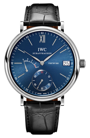 IWC Portofino Hand - Wound Eight Days Power Reserve Manual Wind Stainless Steel Blue Dial Black Leather Strap Date Mens Watch IW510106 - WAB - Shipping Dept.