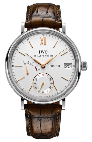 IWC Portofino Hand - Wound Eight Days Power Reserve Manual Wind Stainless Steel Silver Dial Brown Leather Strap Date Mens Watch IW510103 - WAB - Shipping Dept.