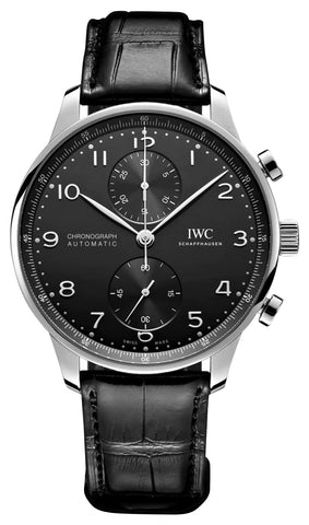 IWC Portugieser Automatic Chronograph Stainless Steel Black Dial Black Leather Strap Mens Watch IW371609 - WAB - Shipping Dept.