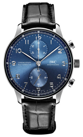 IWC Portugieser Automatic Chronograph Stainless Steel Blue Dial Black Leather Strap Mens Watch IW371606 - WAB - Shipping Dept.