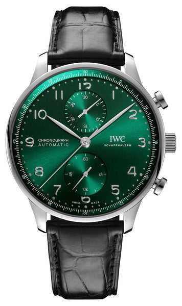 IWC Portugieser Automatic Chronograph Stainless Steel Green Dial Black Leather Strap Mens Watch IW371615 - WAB - Shipping Dept.