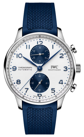 IWC Portugieser Automatic Chronograph Stainless Steel White Dial Blue Rubber Strap Mens Watch IW371620 - WAB - Shipping Dept.