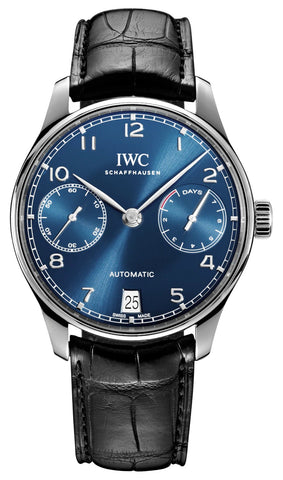 IWC Portugieser Automatic Stainless Steel Blue Dial Black Leather Strap Date Mens Watch IW500710 - WAB - Shipping Dept.