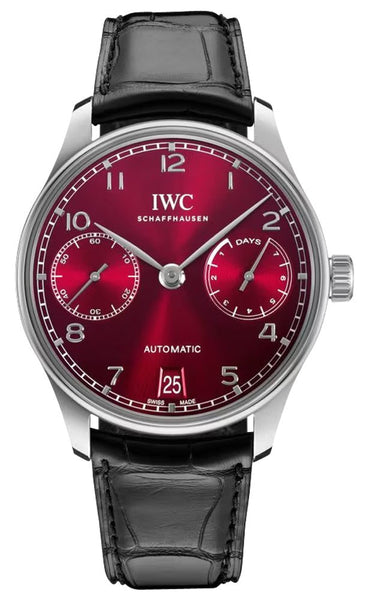 IWC Portugieser Power Reserve Automatic Stainless Steel Red Dial Black Leather Strap Date Mens Watch IW500714 - WAB - Shipping Dept.