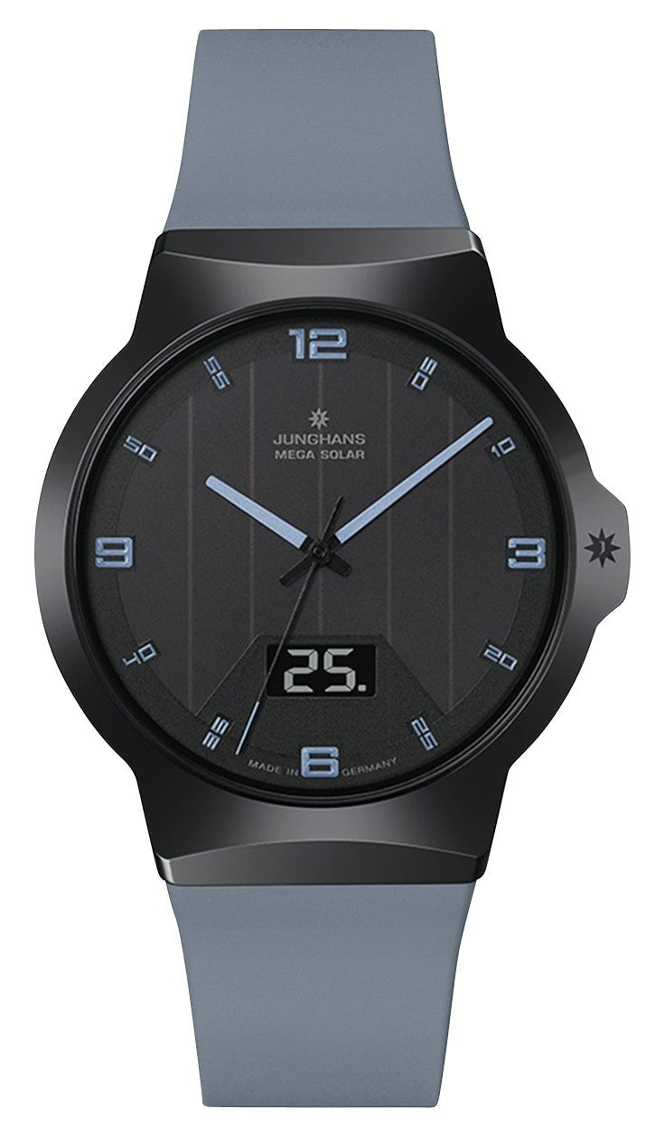 Junghans Force MEGA Solar Black Ceramic Black Dial Blue Rubber Strap Date Quartz Mens Watch 18/1401.00 - Watches & Beyond