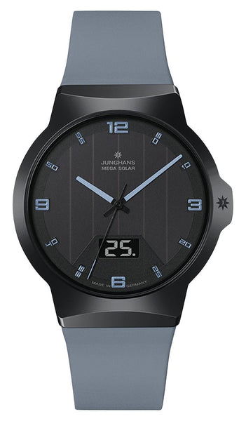 Junghans Force MEGA Solar Black Ceramic Black Dial Blue Rubber Strap Date Quartz Mens Watch 18/1401.00 - Watches & Beyond