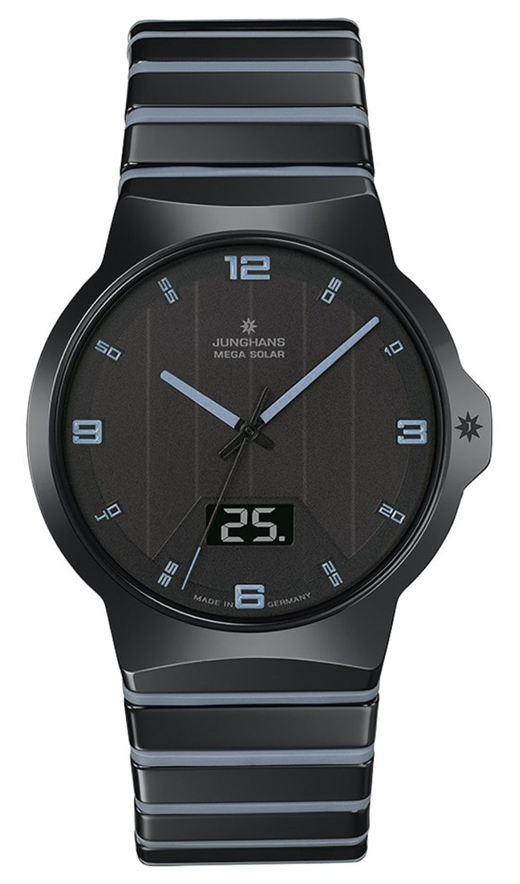 Junghans Force MEGA Solar Black Ceramic Black Dial Date Quartz Mens Watch 18/1400.44 - Watches & Beyond