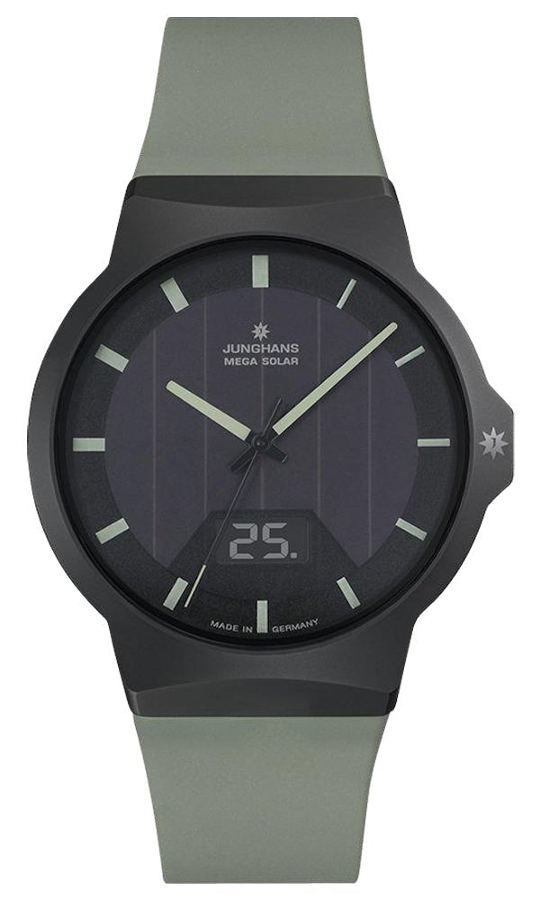 Junghans Force MEGA Solar Black Ceramic Black Dial Green Rubber Strap Date Quartz Mens Watch 18/1002.00 - Watches & Beyond