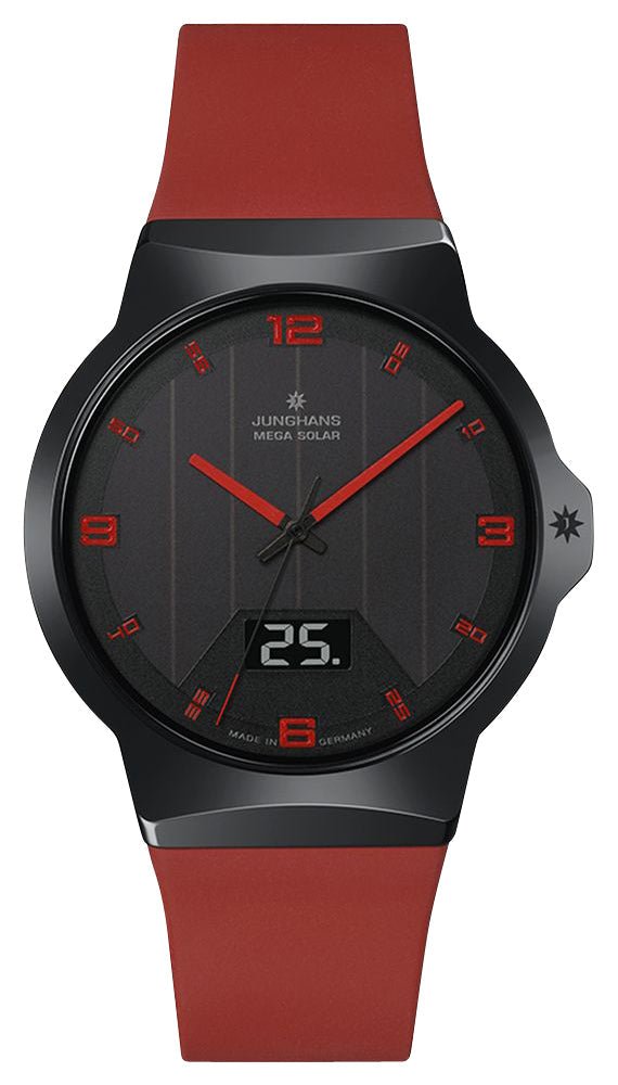 Junghans Force MEGA Solar Black Ceramic Black Dial Red Rubber Strap Date Quartz Mens Watch 18/1402.00 - Watches & Beyond