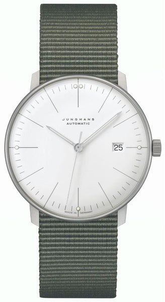Junghans Max Bill Automatic Stainless Steel White Dial Date Green Textile Strap Mens Watch 027/4001.04 - Watches & Beyond