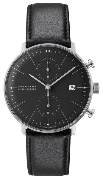 Junghans Max Bill Chronoscope Automatic Chronograph Stainless Steel Black Dial Black Leather Strap Date Mens Watch 27/4601.02 - Watches & Beyond