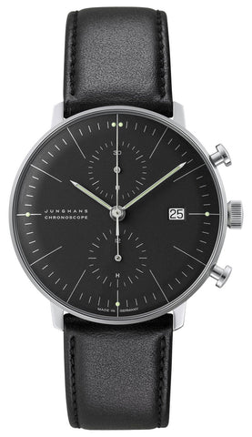 Junghans Max Bill Chronoscope Automatic Chronograph Stainless Steel Black Dial Black Leather Strap Date Mens Watch 27/4601.02 - Watches & Beyond