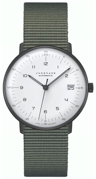 Junghans Max Bill Kleine Automatic Black PVD White Dial Date Green Textile Strap Unisex Watch 027/4005.04 - Watches & Beyond