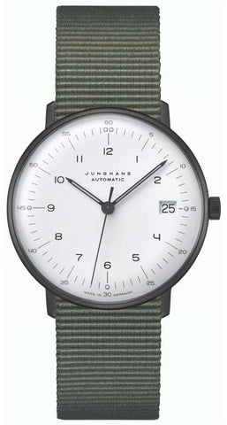 Junghans Max Bill Kleine Automatic Black PVD White Dial Date Green Textile Strap Unisex Watch 027/4005.04 - Watches & Beyond