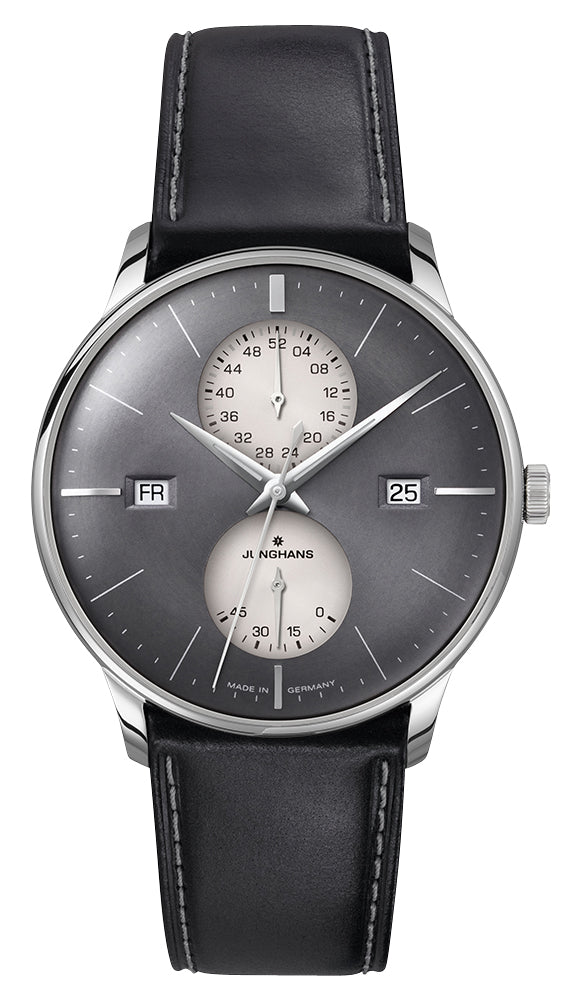 Junghans Meister Agenda Automatic Stainless Steel Gray Dial Black Leather Strap Day/Date/Week Power Reserve Mens Watch 27/4567.01 - Watches & Beyond