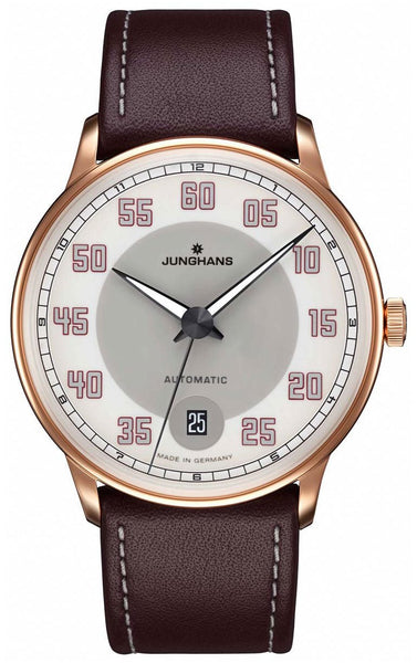 Junghans Meister Driver Automatic Rose Gold PVD Gray/White Dial Date Brown Leather Strap Mens Watch 027/7710.00 - Watches & Beyond