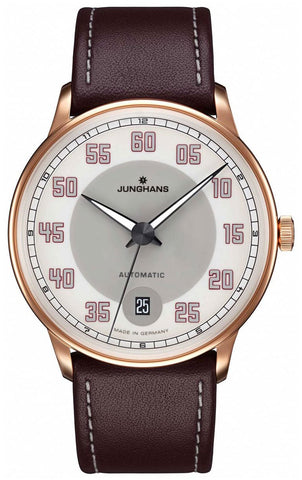 Junghans Meister Driver Automatic Rose Gold PVD Gray/White Dial Date Brown Leather Strap Mens Watch 027/7710.00 - Watches & Beyond
